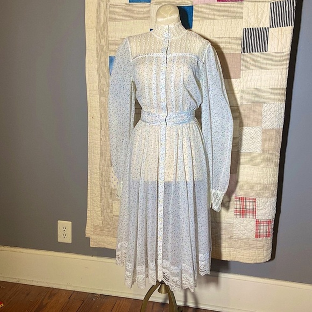 1970s Gunne Sax Light Blue and White Lace Prairie Dress